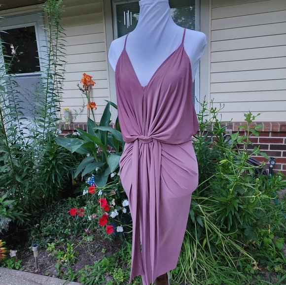 Misa Los Angeles Domino Midi Twist Knot Tie Dress Luxury Dusty Plum Pink Celeb - Picture 4 of 11